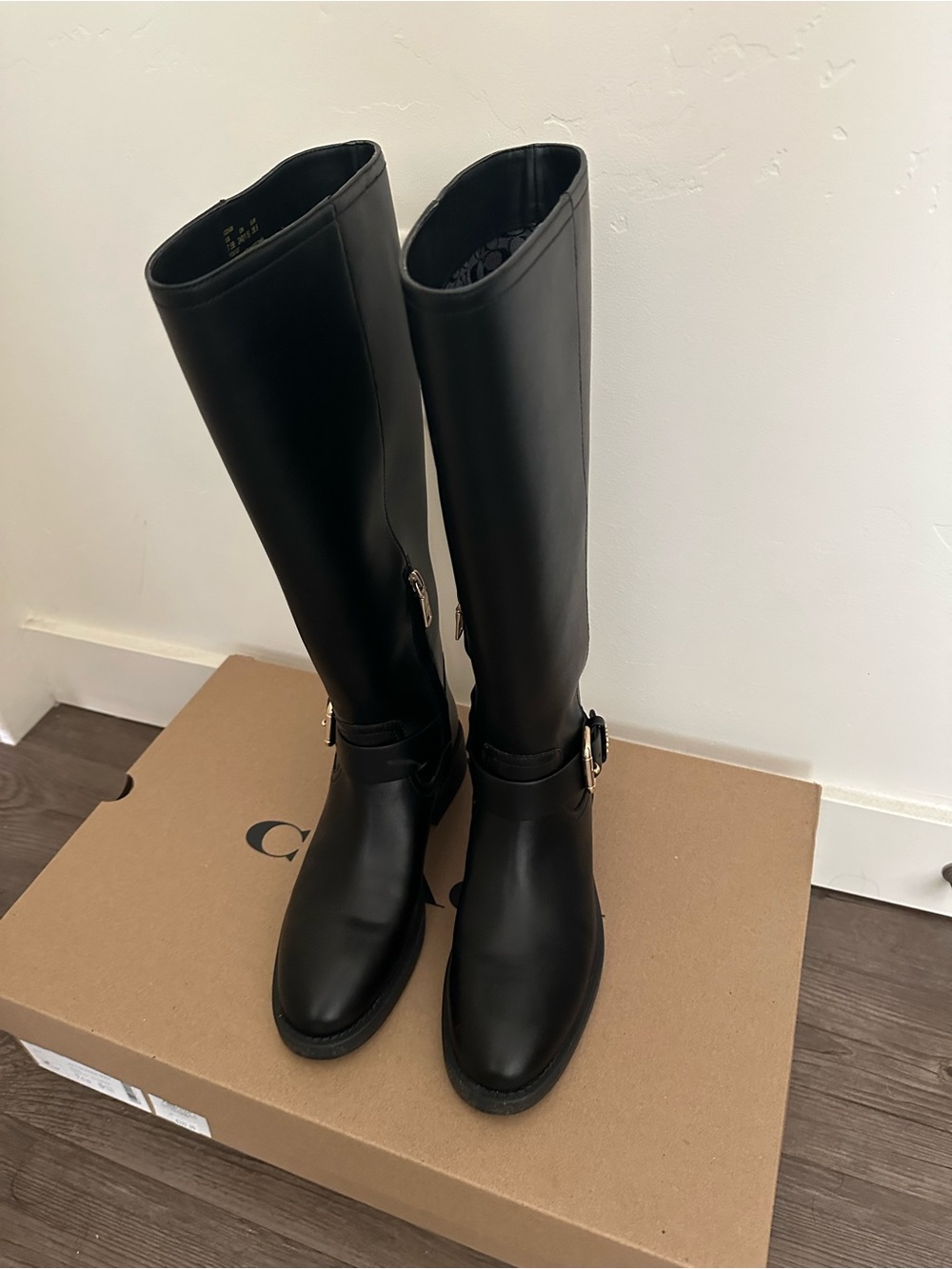 Coach Tall Black Leather Riding Boots with Buckle Detail